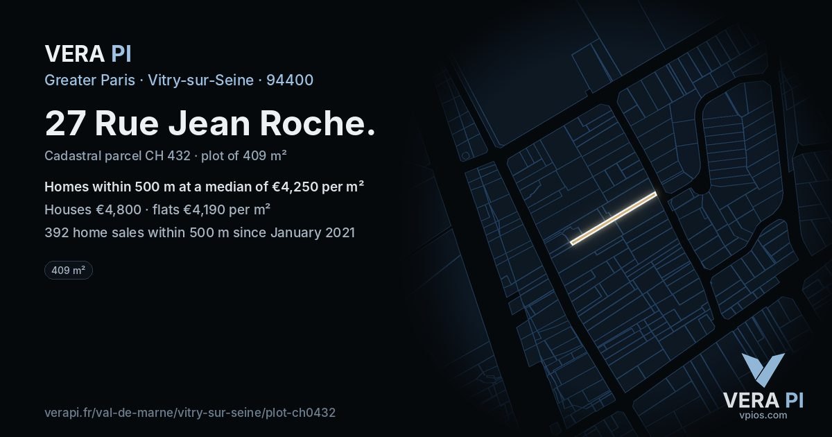 27 Rue Jean Roche, Vitry-sur-Seine at night – the plot lit, the parcels around coloured by the prices near them
