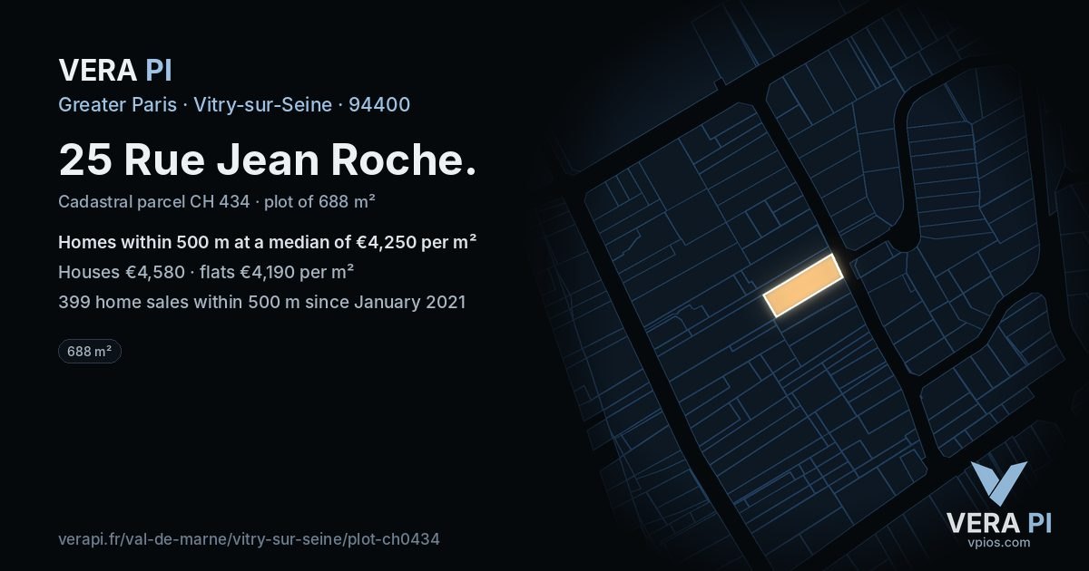 25 Rue Jean Roche, Vitry-sur-Seine at night – the plot lit, the parcels around coloured by the prices near them