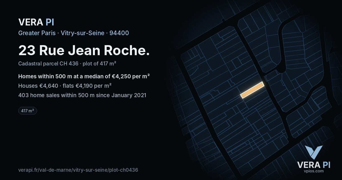 23 Rue Jean Roche, Vitry-sur-Seine at night – the plot lit, the parcels around coloured by the prices near them