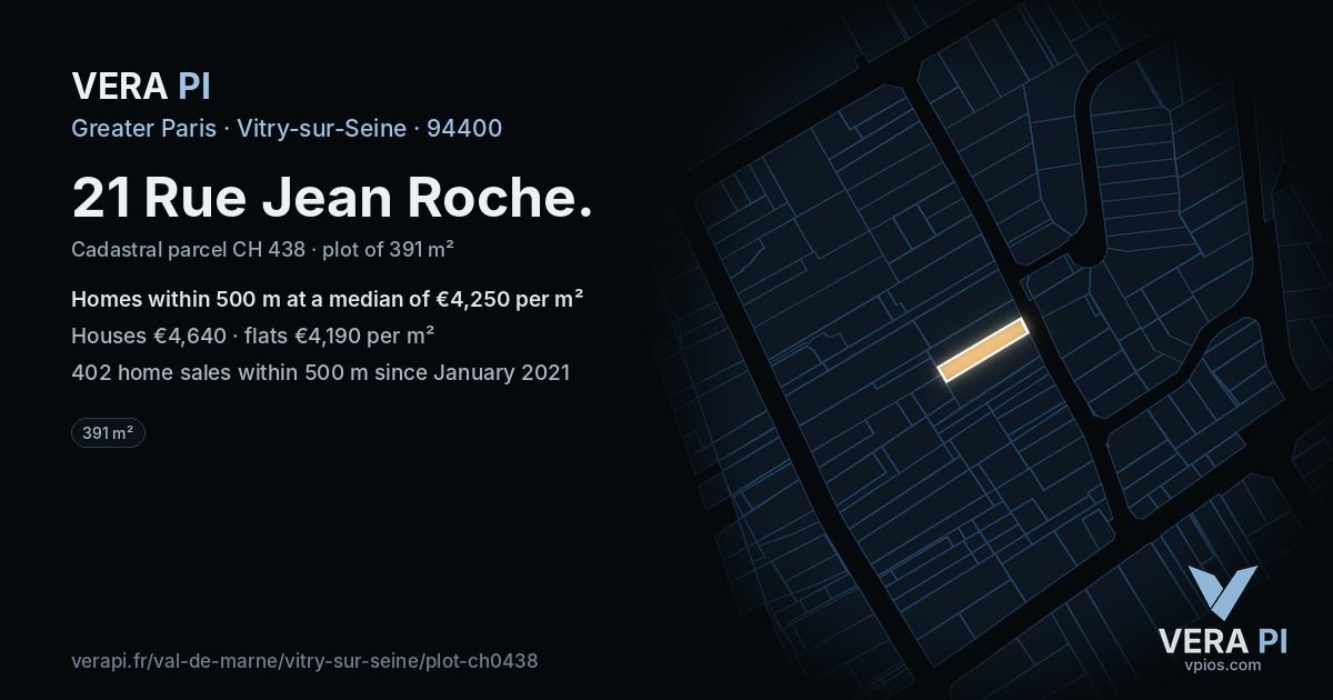 21 Rue Jean Roche, Vitry-sur-Seine at night – the plot lit, the parcels around coloured by the prices near them