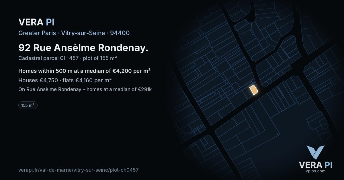92 Rue Ansèlme Rondenay, Vitry-sur-Seine at night – the plot lit, the parcels around coloured by the prices near them