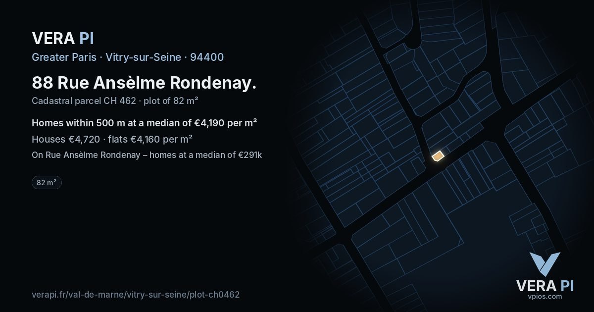 88 Rue Ansèlme Rondenay, Vitry-sur-Seine at night – the plot lit, the parcels around coloured by the prices near them