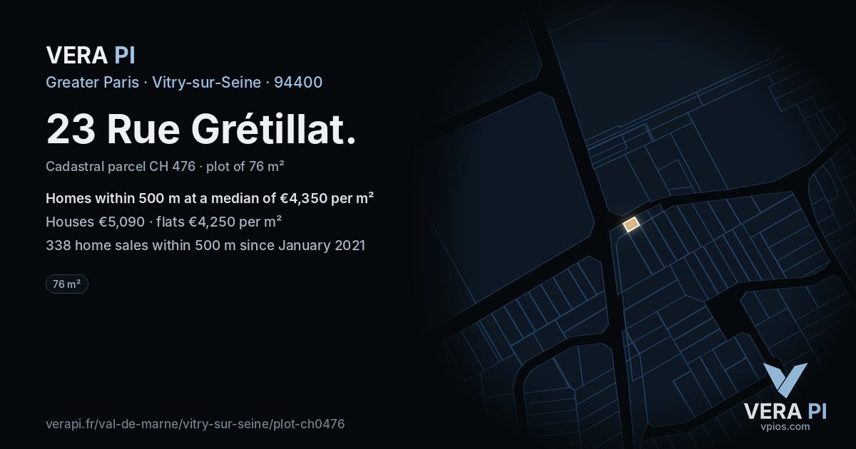 23 Rue Grétillat, Vitry-sur-Seine at night – the plot lit, the parcels around coloured by the prices near them