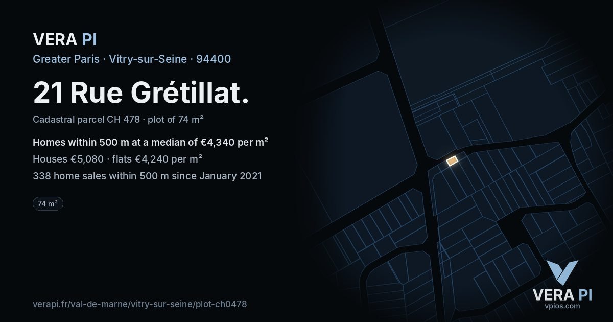21 Rue Grétillat, Vitry-sur-Seine at night – the plot lit, the parcels around coloured by the prices near them