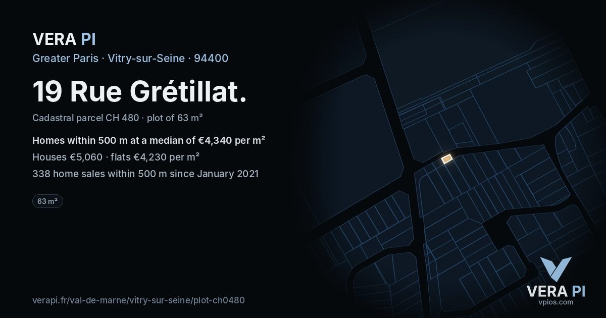 19 Rue Grétillat, Vitry-sur-Seine at night – the plot lit, the parcels around coloured by the prices near them