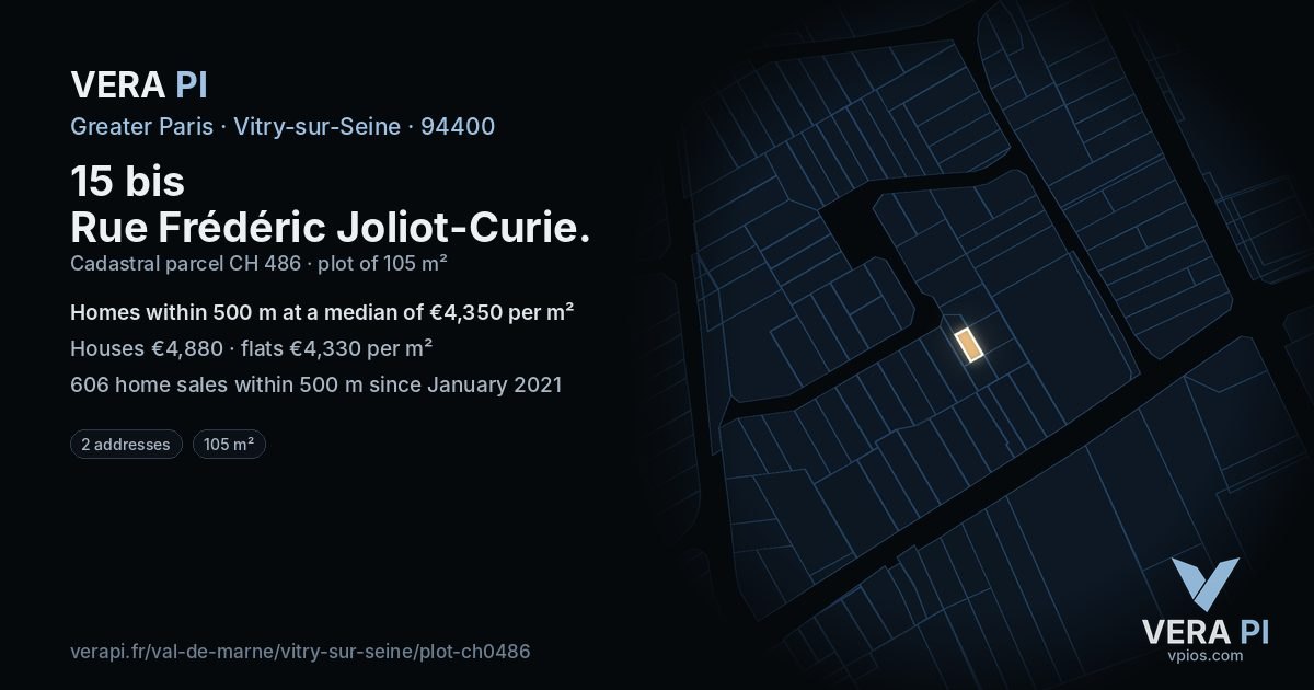 15 bis Rue Frédéric Joliot-Curie, Vitry-sur-Seine at night – the plot lit, the parcels around coloured by the prices near them