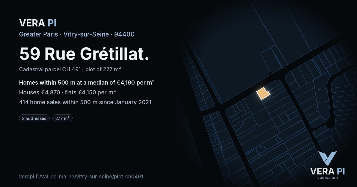 59 Rue Grétillat, Vitry-sur-Seine at night – the plot lit, the parcels around coloured by the prices near them
