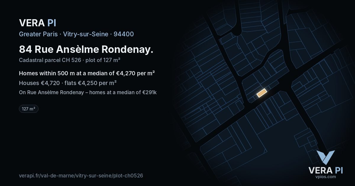 84 Rue Ansèlme Rondenay, Vitry-sur-Seine at night – the plot lit, the parcels around coloured by the prices near them