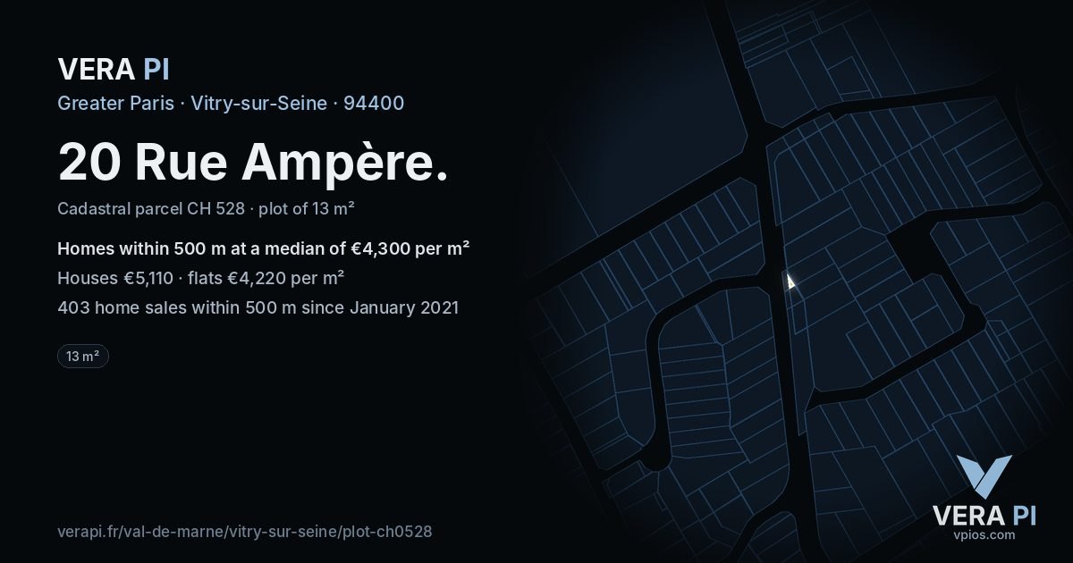 20 Rue Ampère, Vitry-sur-Seine at night – the plot lit, the parcels around coloured by the prices near them