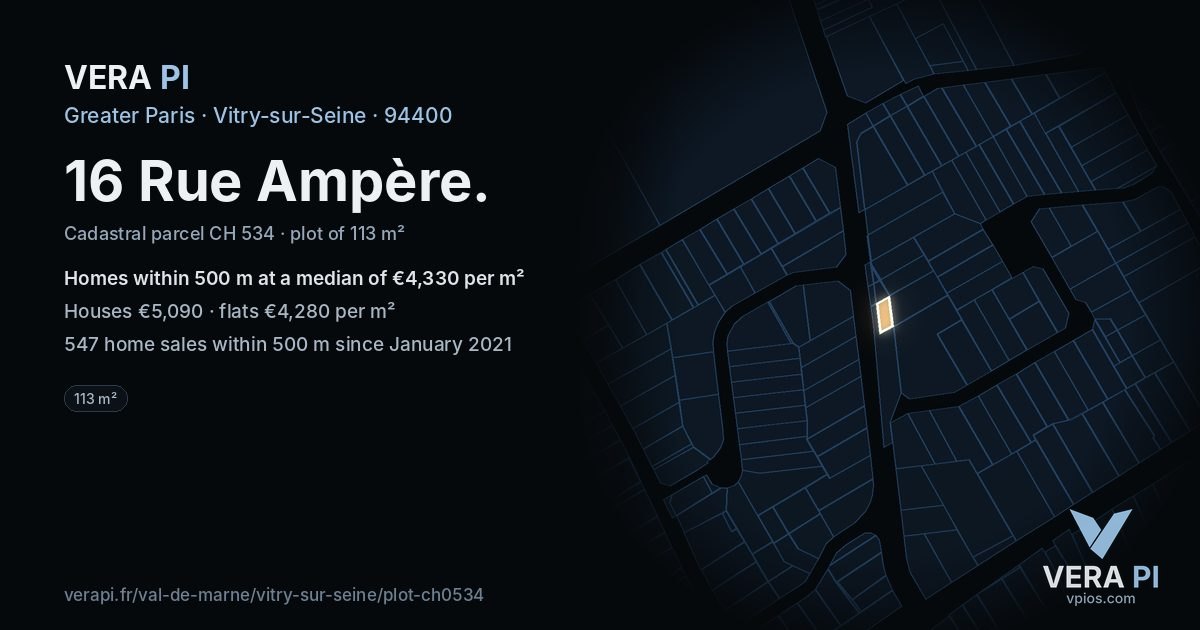 16 Rue Ampère, Vitry-sur-Seine at night – the plot lit, the parcels around coloured by the prices near them