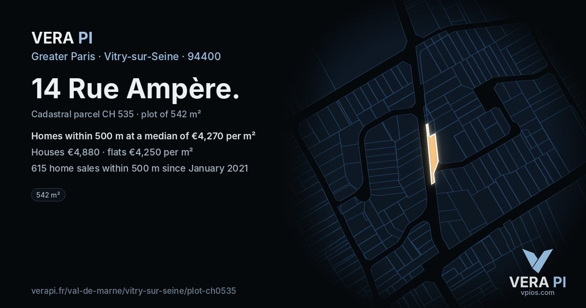 14 Rue Ampère, Vitry-sur-Seine at night – the plot lit, the parcels around coloured by the prices near them