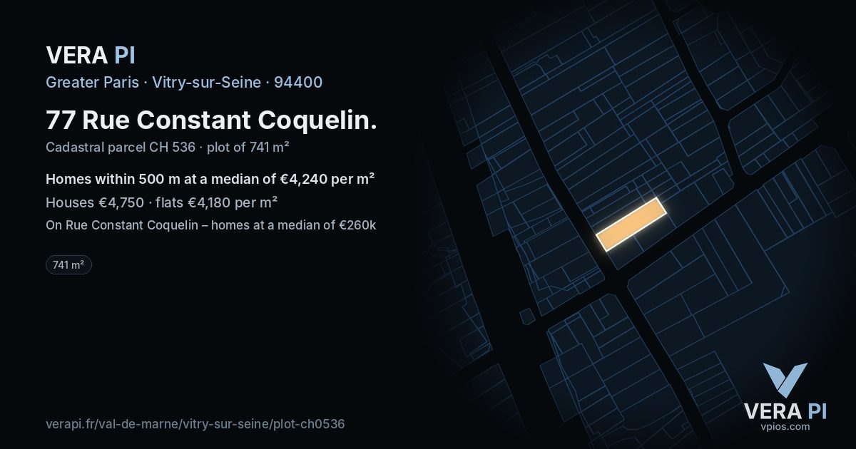 77 Rue Constant Coquelin, Vitry-sur-Seine at night – the plot lit, the parcels around coloured by the prices near them