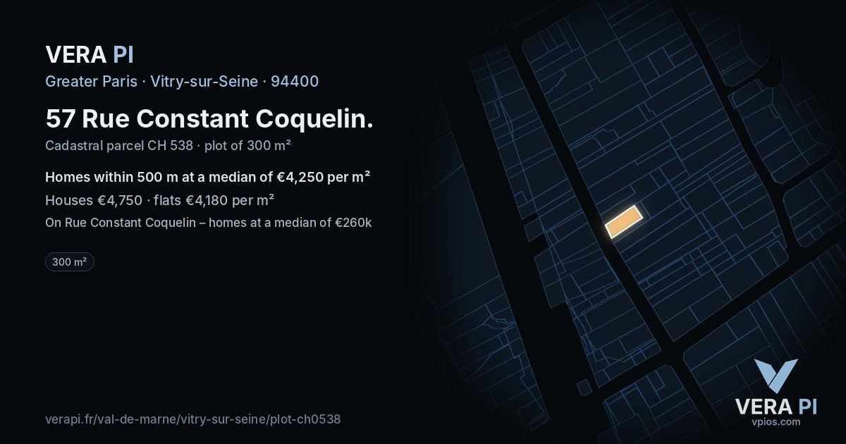 57 Rue Constant Coquelin, Vitry-sur-Seine at night – the plot lit, the parcels around coloured by the prices near them