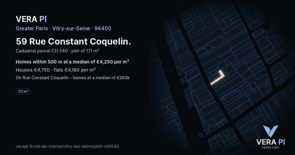 59 Rue Constant Coquelin, Vitry-sur-Seine at night – the plot lit, the parcels around coloured by the prices near them