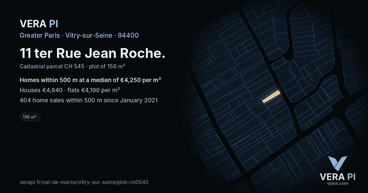 11 ter Rue Jean Roche, Vitry-sur-Seine at night – the plot lit, the parcels around coloured by the prices near them