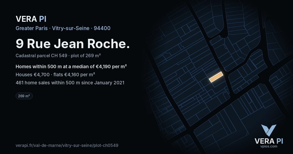9 Rue Jean Roche, Vitry-sur-Seine at night – the plot lit, the parcels around coloured by the prices near them