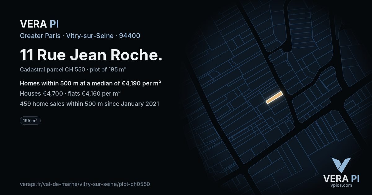 11 Rue Jean Roche, Vitry-sur-Seine at night – the plot lit, the parcels around coloured by the prices near them