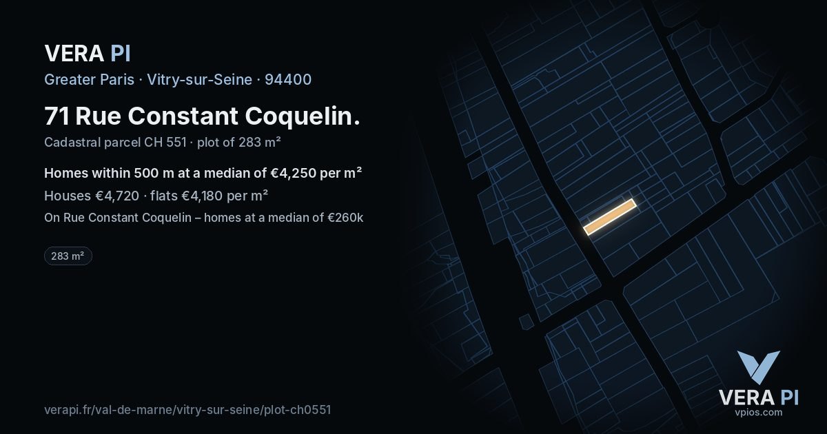 71 Rue Constant Coquelin, Vitry-sur-Seine at night – the plot lit, the parcels around coloured by the prices near them