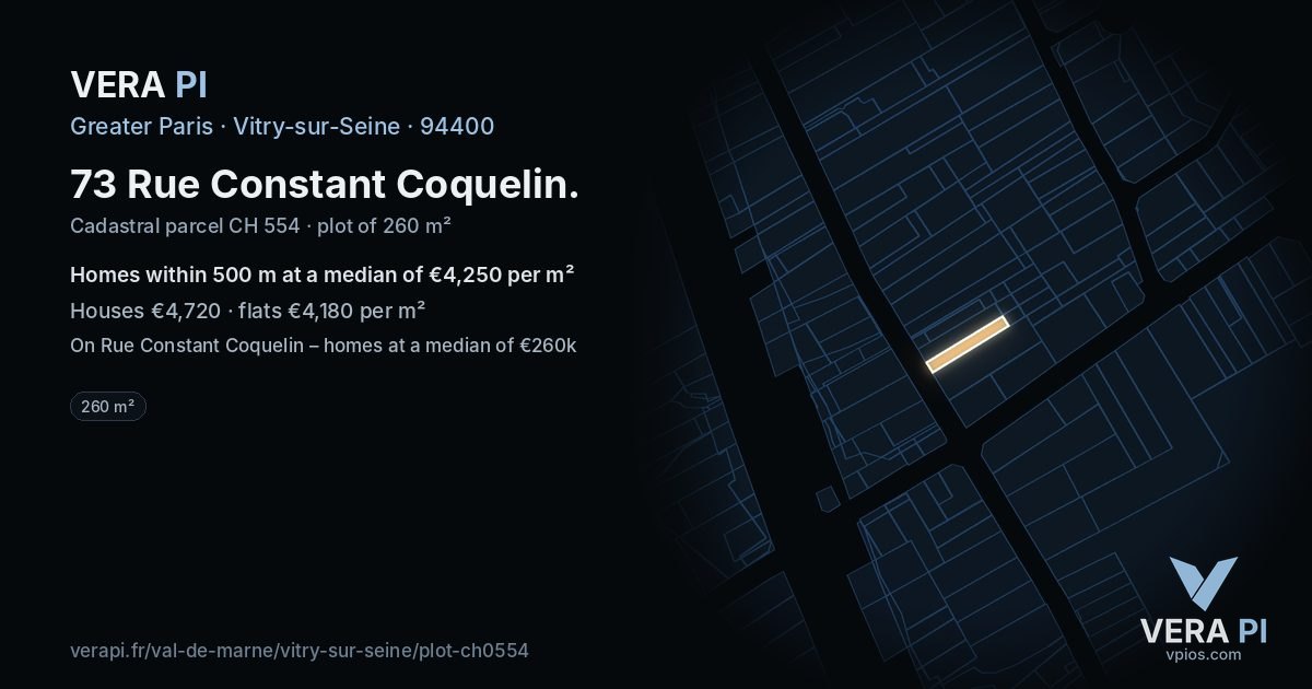 73 Rue Constant Coquelin, Vitry-sur-Seine at night – the plot lit, the parcels around coloured by the prices near them