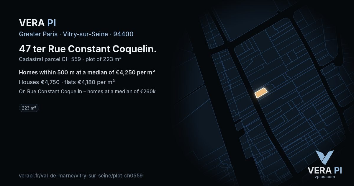 47 ter Rue Constant Coquelin, Vitry-sur-Seine at night – the plot lit, the parcels around coloured by the prices near them