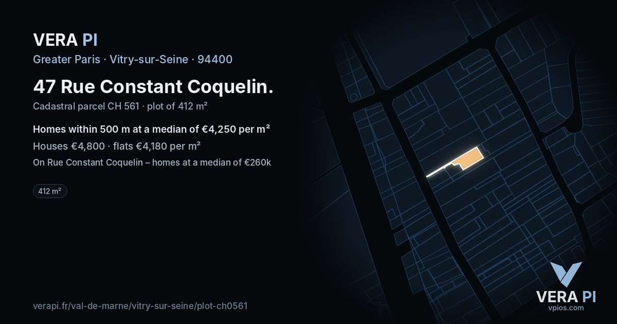 47 Rue Constant Coquelin, Vitry-sur-Seine at night – the plot lit, the parcels around coloured by the prices near them