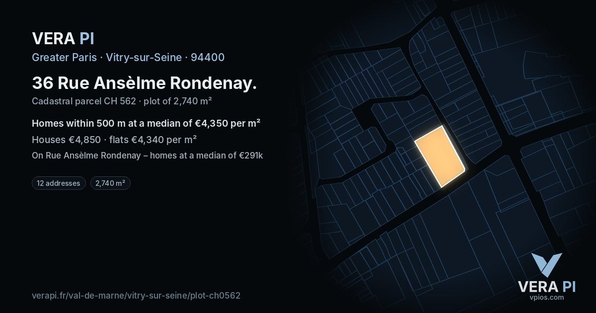 36 Rue Ansèlme Rondenay, Vitry-sur-Seine at night – the plot lit, the parcels around coloured by the prices near them