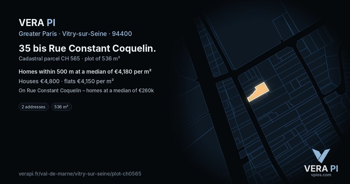 35 bis Rue Constant Coquelin, Vitry-sur-Seine at night – the plot lit, the parcels around coloured by the prices near them