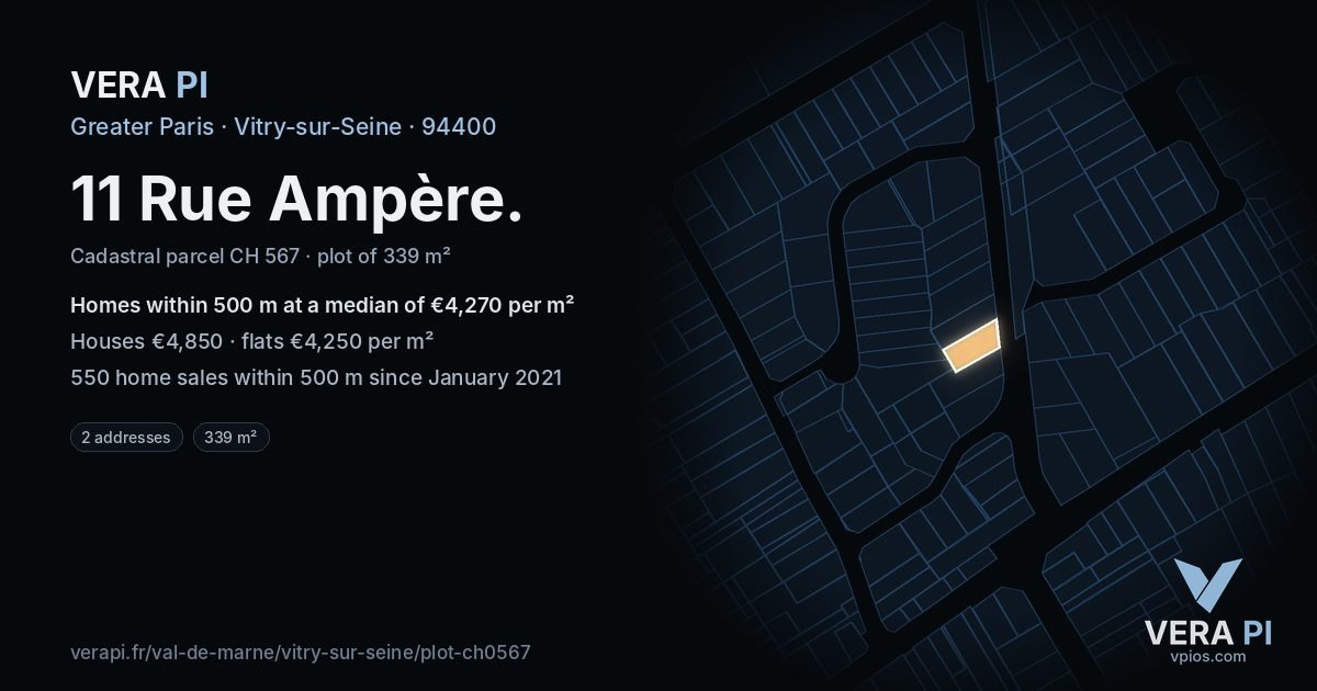 11 Rue Ampère, Vitry-sur-Seine at night – the plot lit, the parcels around coloured by the prices near them