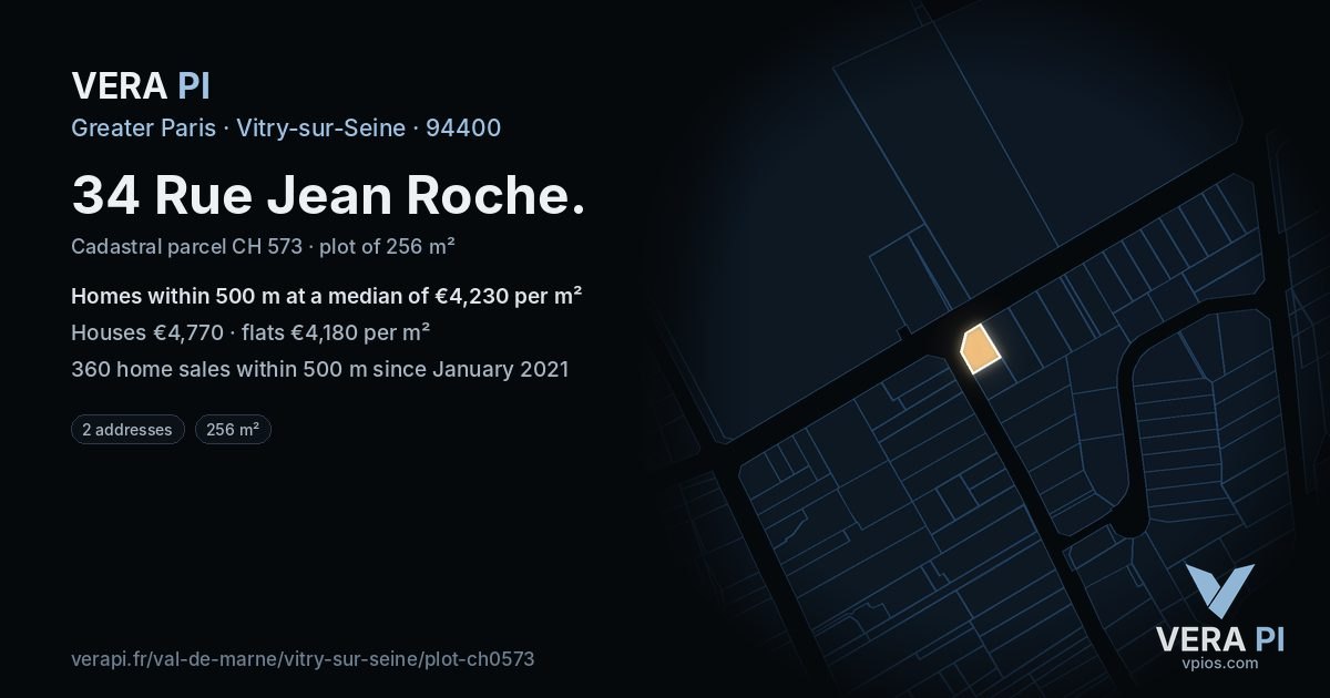 34 Rue Jean Roche, Vitry-sur-Seine at night – the plot lit, the parcels around coloured by the prices near them