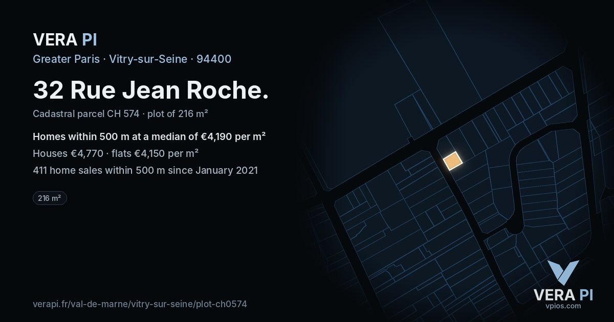32 Rue Jean Roche, Vitry-sur-Seine at night – the plot lit, the parcels around coloured by the prices near them