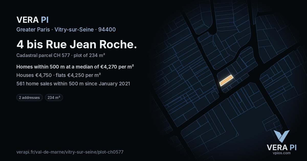 4 bis Rue Jean Roche, Vitry-sur-Seine at night – the plot lit, the parcels around coloured by the prices near them