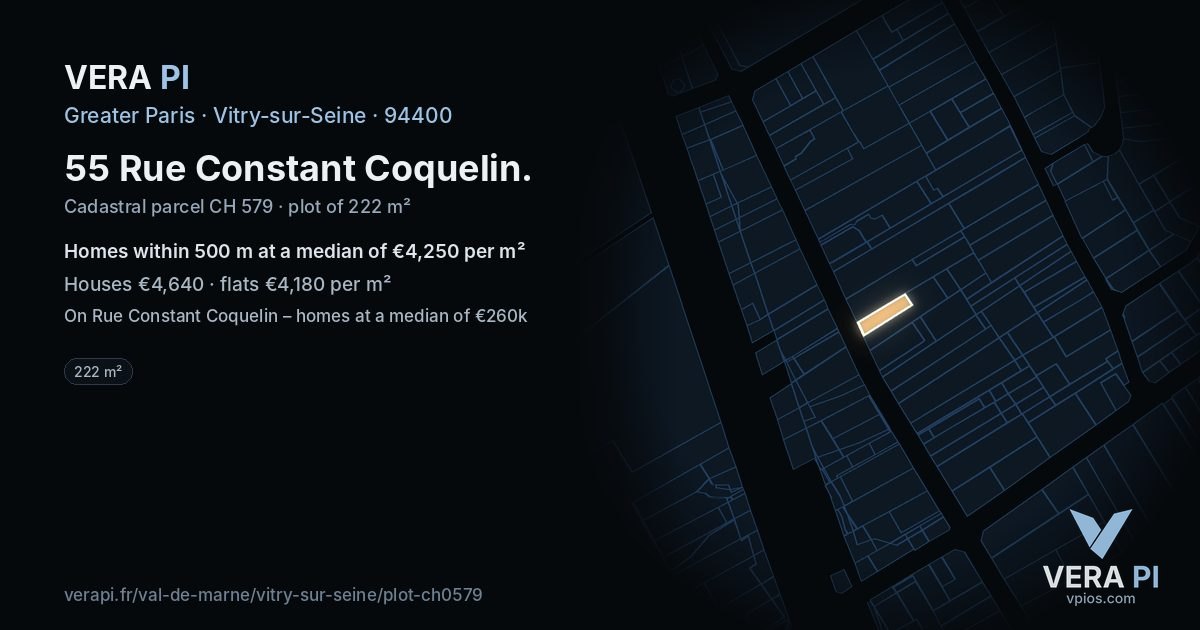 55 Rue Constant Coquelin, Vitry-sur-Seine at night – the plot lit, the parcels around coloured by the prices near them