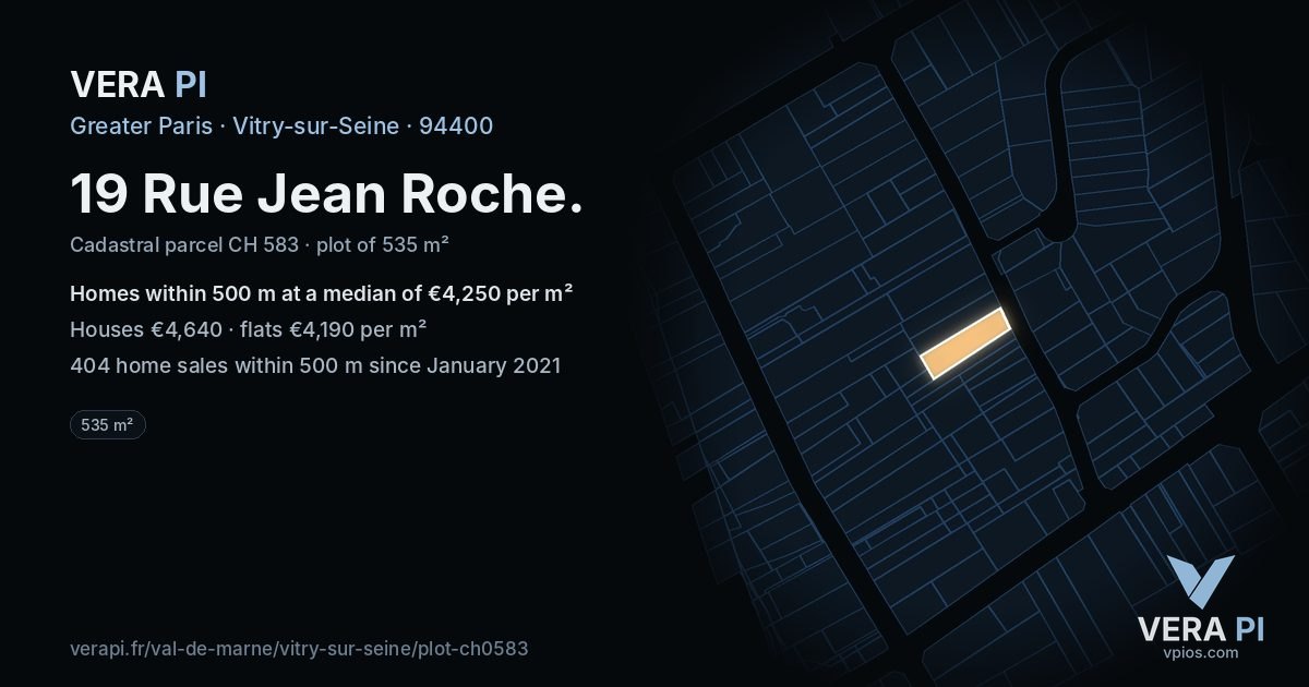 19 Rue Jean Roche, Vitry-sur-Seine at night – the plot lit, the parcels around coloured by the prices near them