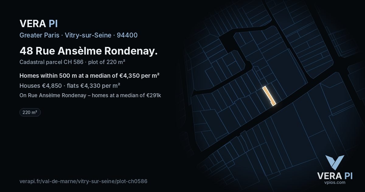 48 Rue Ansèlme Rondenay, Vitry-sur-Seine at night – the plot lit, the parcels around coloured by the prices near them