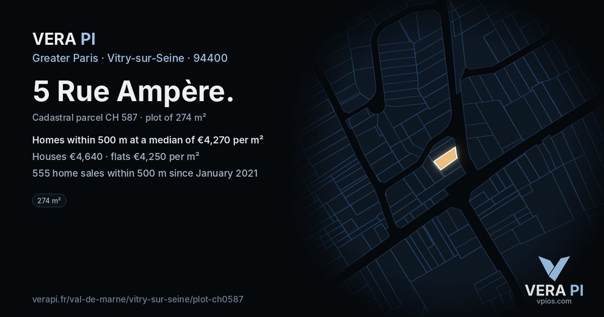 5 Rue Ampère, Vitry-sur-Seine at night – the plot lit, the parcels around coloured by the prices near them
