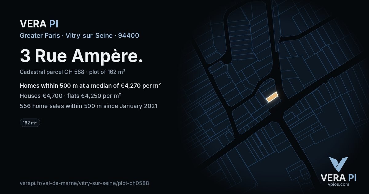 3 Rue Ampère, Vitry-sur-Seine at night – the plot lit, the parcels around coloured by the prices near them
