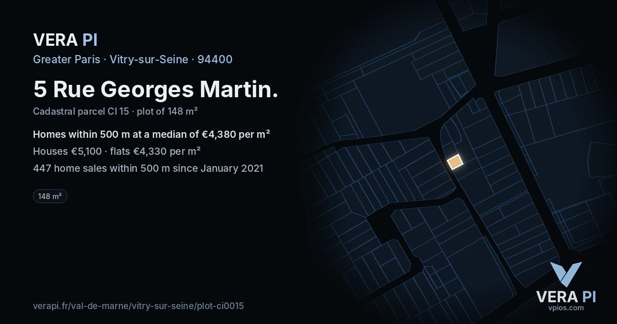 5 Rue Georges Martin, Vitry-sur-Seine at night – the plot lit, the parcels around coloured by the prices near them