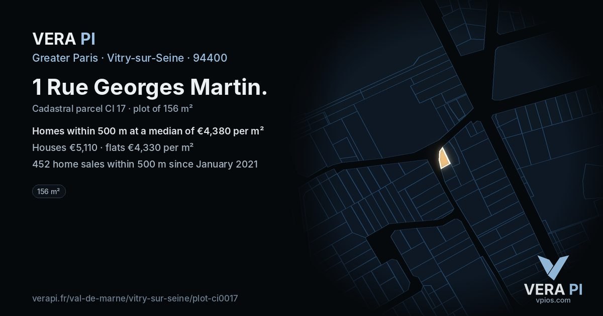 1 Rue Georges Martin, Vitry-sur-Seine at night – the plot lit, the parcels around coloured by the prices near them