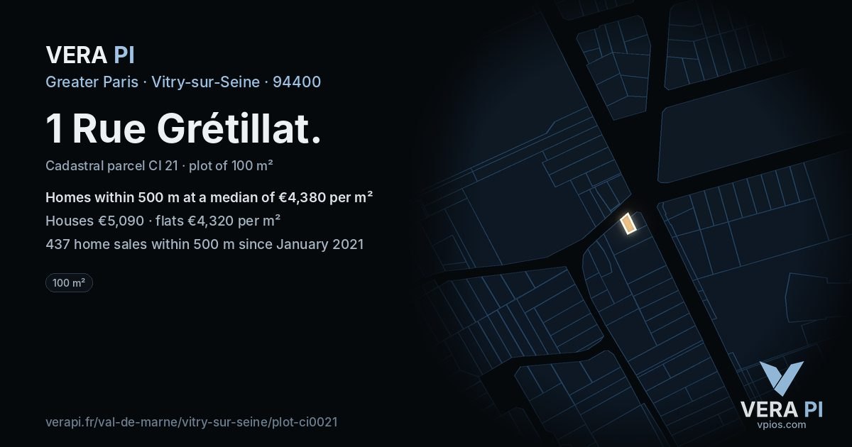 1 Rue Grétillat, Vitry-sur-Seine at night – the plot lit, the parcels around coloured by the prices near them