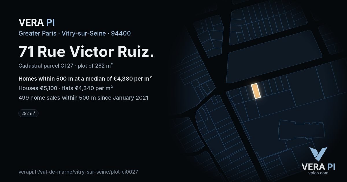 71 Rue Victor Ruiz, Vitry-sur-Seine at night – the plot lit, the parcels around coloured by the prices near them