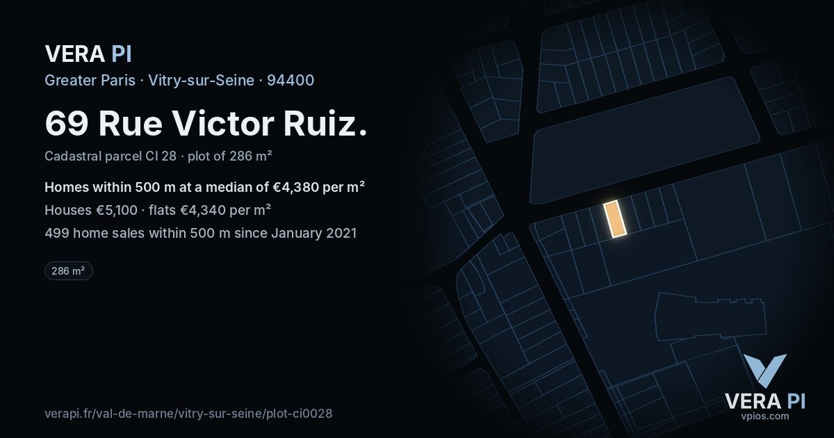 69 Rue Victor Ruiz, Vitry-sur-Seine at night – the plot lit, the parcels around coloured by the prices near them