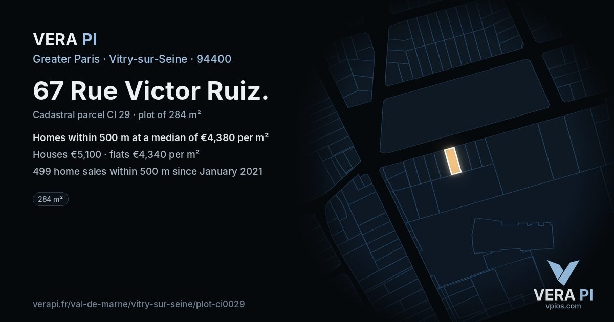 67 Rue Victor Ruiz, Vitry-sur-Seine at night – the plot lit, the parcels around coloured by the prices near them
