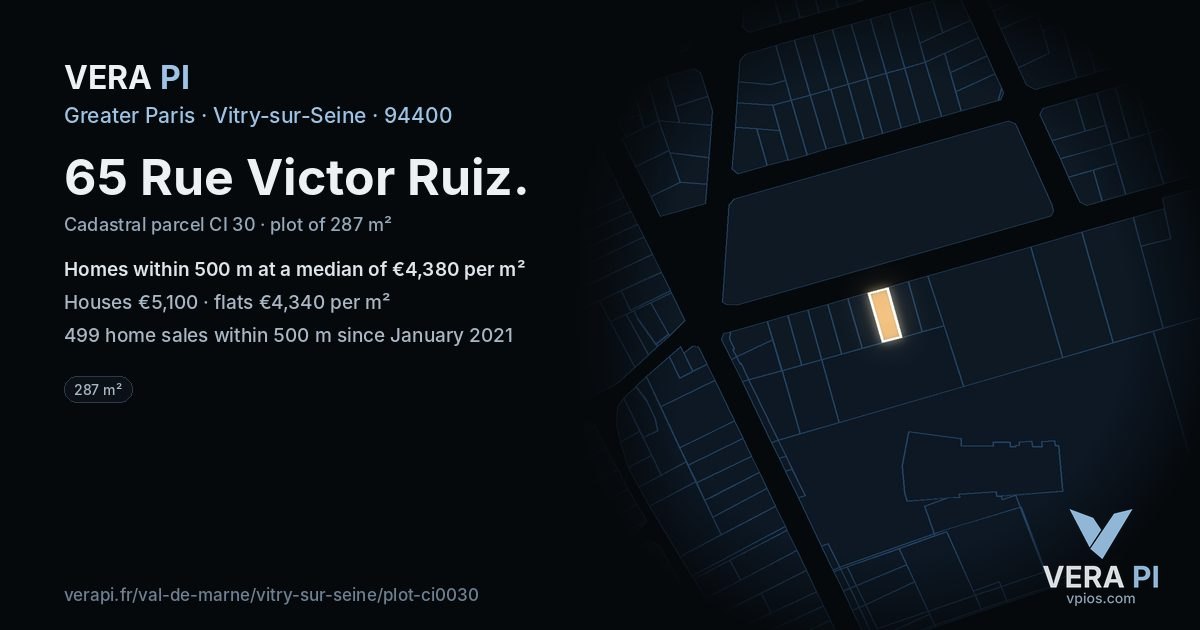 65 Rue Victor Ruiz, Vitry-sur-Seine at night – the plot lit, the parcels around coloured by the prices near them
