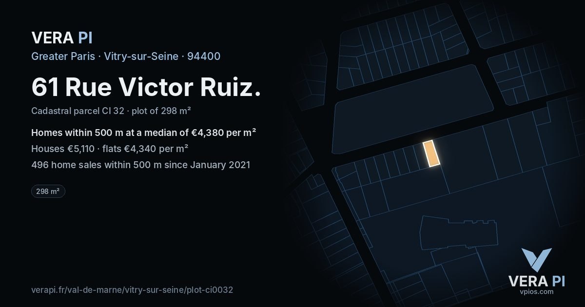 61 Rue Victor Ruiz, Vitry-sur-Seine at night – the plot lit, the parcels around coloured by the prices near them