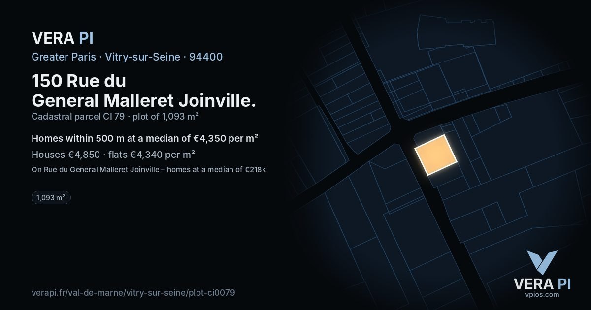 150 Rue du General Malleret Joinville, Vitry-sur-Seine at night – the plot lit, the parcels around coloured by the prices near them