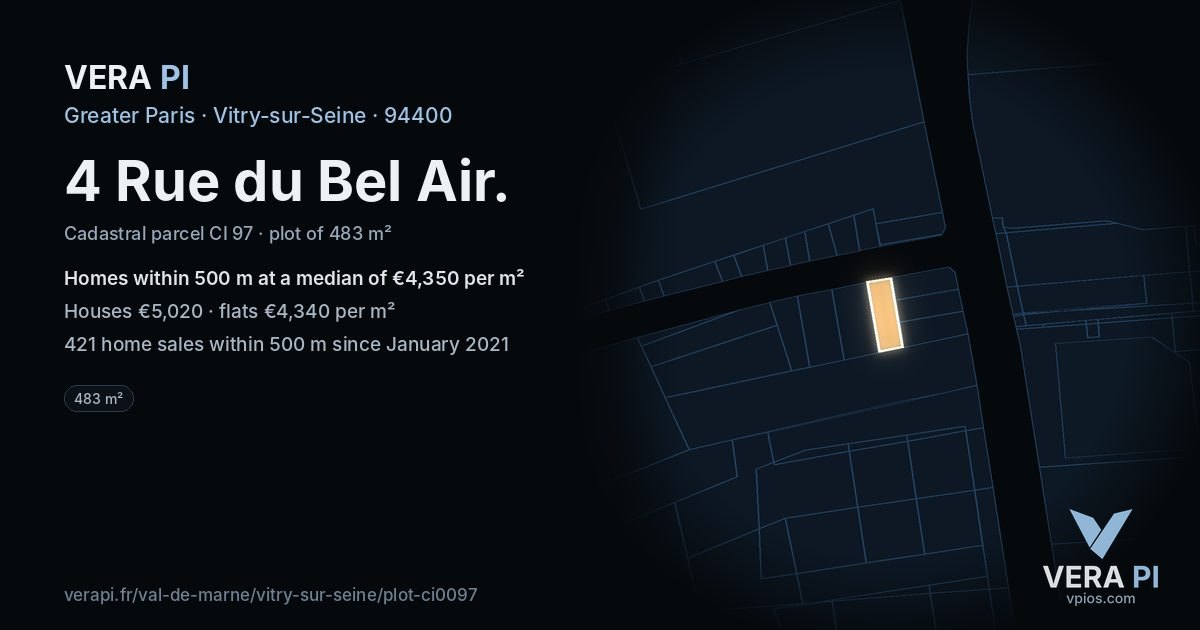4 Rue du Bel Air, Vitry-sur-Seine at night – the plot lit, the parcels around coloured by the prices near them