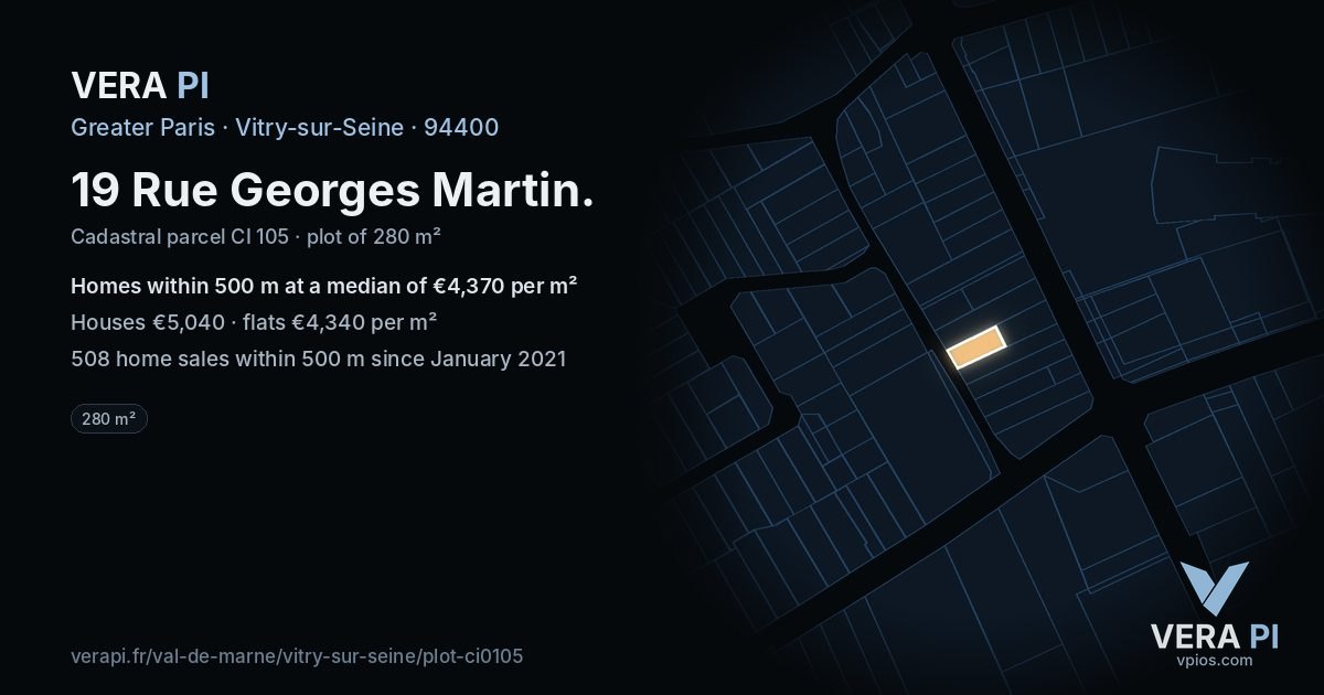 19 Rue Georges Martin, Vitry-sur-Seine at night – the plot lit, the parcels around coloured by the prices near them