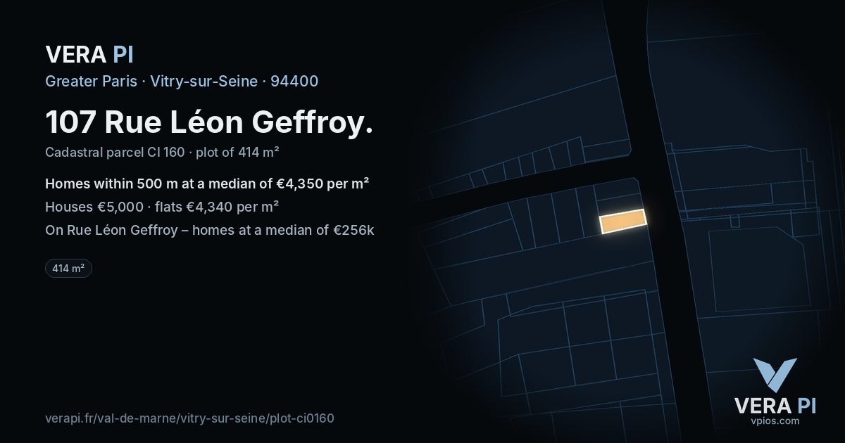 107 Rue Léon Geffroy, Vitry-sur-Seine at night – the plot lit, the parcels around coloured by the prices near them
