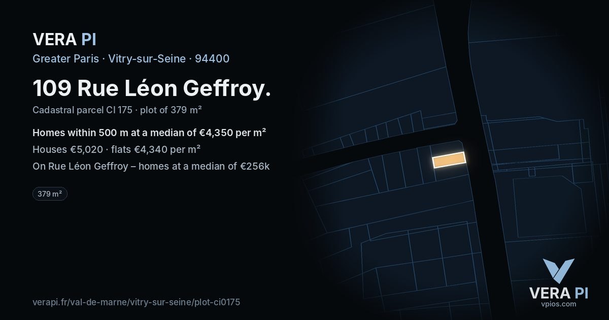 109 Rue Léon Geffroy, Vitry-sur-Seine at night – the plot lit, the parcels around coloured by the prices near them