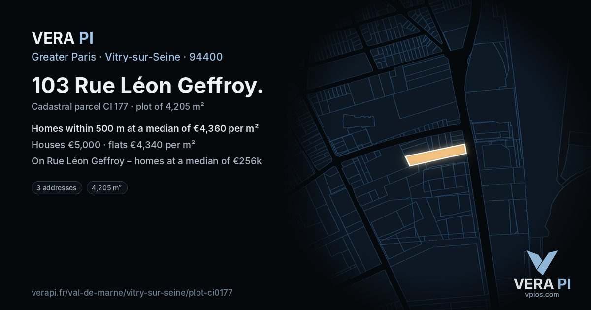 103 Rue Léon Geffroy, Vitry-sur-Seine at night – the plot lit, the parcels around coloured by the prices near them